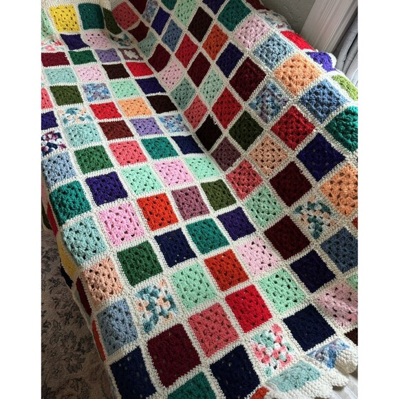 Homemade Knitted Crochet Granny Square Throw Afghan Blanket White 74x56 Roseanne - Picture 10 of 10